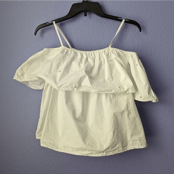 Women's After Market Blouse White Off the Shoulder Pearl Beaded Medium Cotton - Picture 1 of 6